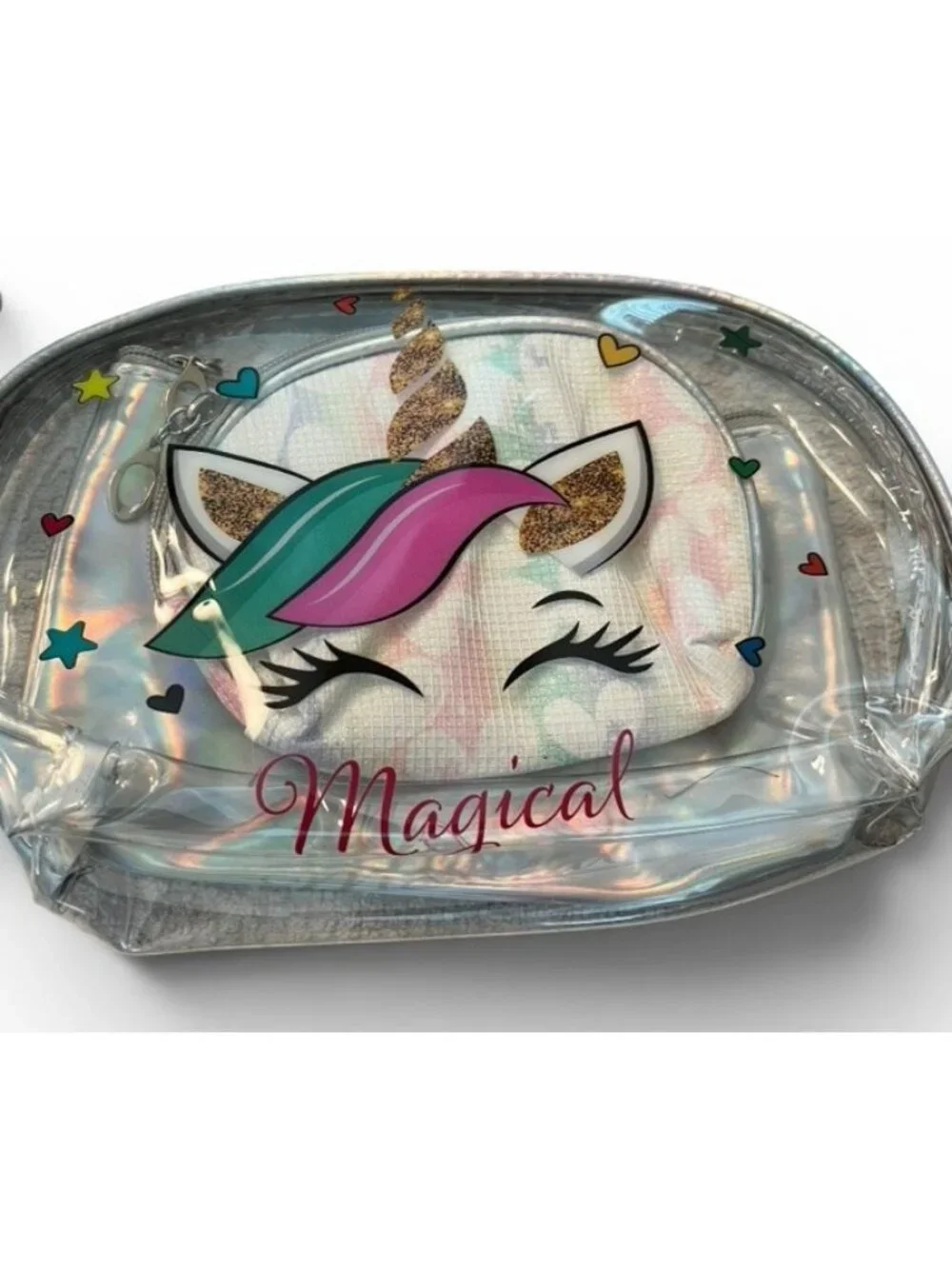Unicorn Clear Cosmetic Travel Bag Wristlet Concert Makeup Case Set of 3 NWT